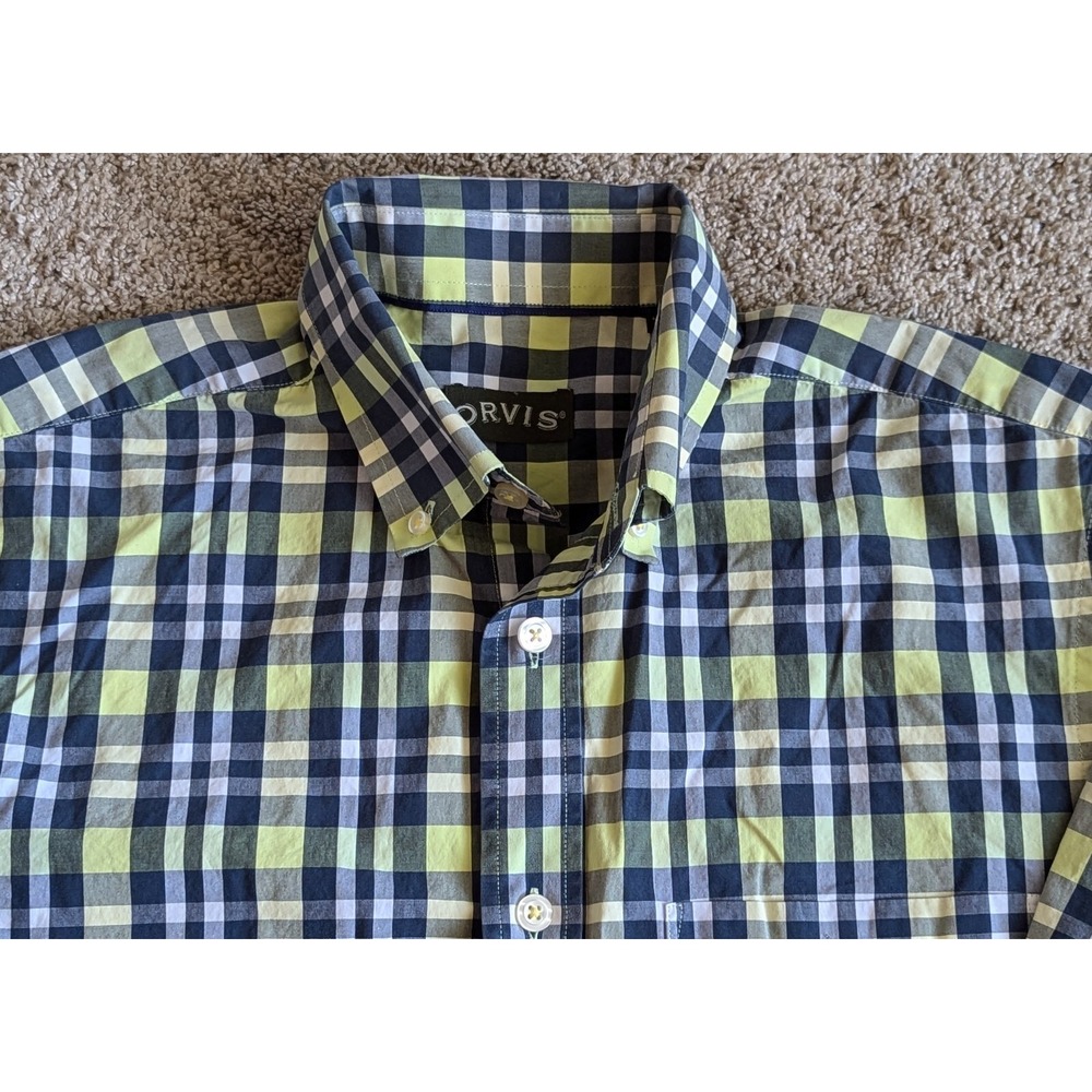 ORVIS Men's MED Shirt Green Blue White Plaid Long Sleeve Button Up Heritage Wash